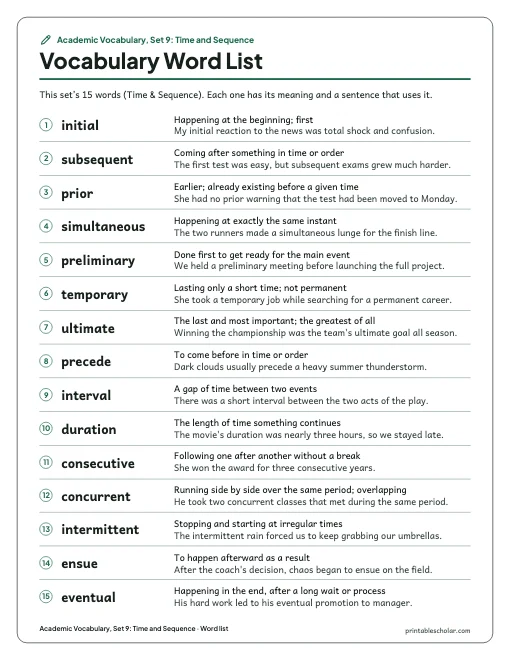 Academic Vocabulary, Set 9: Time and Sequence: word list preview