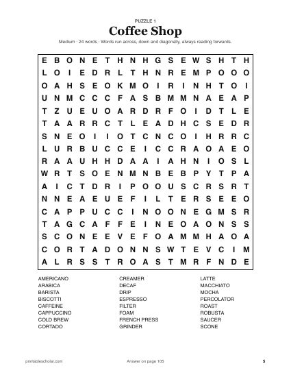 100 Word Searches for Adults, puzzle 1: coffee shop