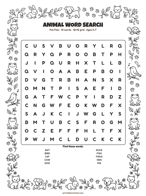 Free printable Animal word search — pet pals, easy 12×12 puzzle
