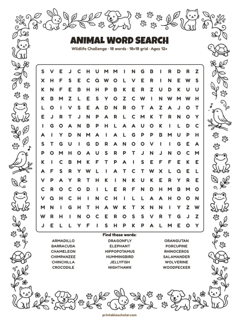 Free printable Animal word search — wildlife challenge, hard 18×18 puzzle