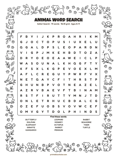Free printable Animal word search — safari search, medium 15×15 puzzle