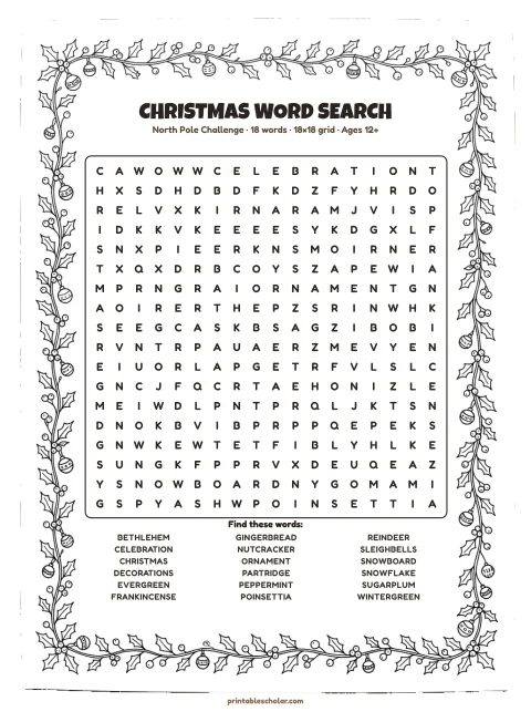 Free printable Christmas word search — north pole challenge, hard 18×18 puzzle