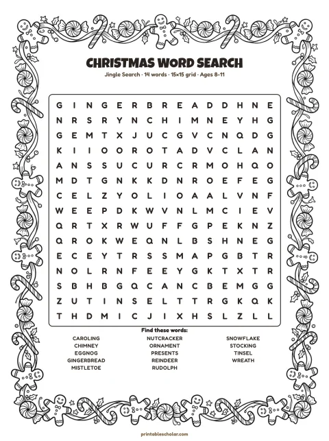 Free printable Christmas word search — jingle search, medium 15×15 puzzle