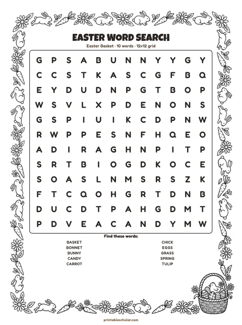 Free printable Easter word search — easter basket, easy 12×12 puzzle