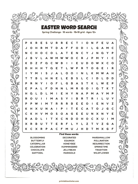 Free printable Easter word search — spring challenge, hard 18×18 puzzle