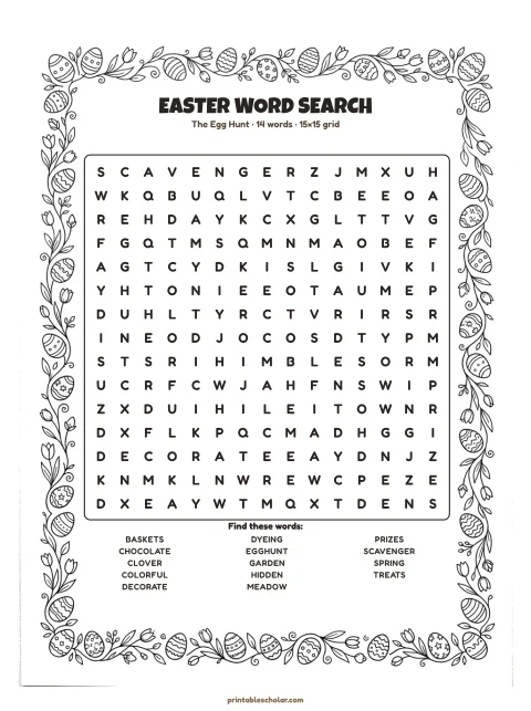 Free printable Easter word search — the egg hunt, medium 15×15 puzzle