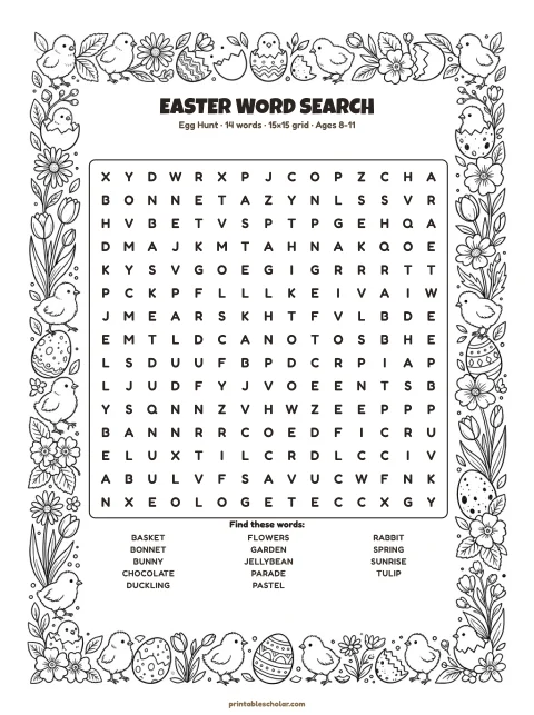 Free printable Easter word search — egg hunt, medium 15×15 puzzle