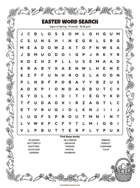 Free printable Easter word search — signs of spring, medium 15×15 puzzle