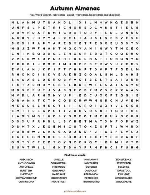 Free printable Fall word search for adults — autumn almanac, expert 25×25 puzzle