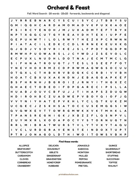 Free printable Fall word search for adults — orchard & feast, expert 25×25 puzzle