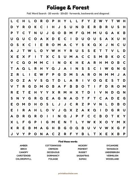 Free printable Fall word search for adults — foliage & forest, hard 20×20 puzzle