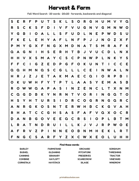 Free printable Fall word search for adults — harvest & farm, hard 20×20 puzzle