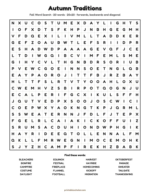 Free printable Fall word search for adults — autumn traditions, hard 20×20 puzzle