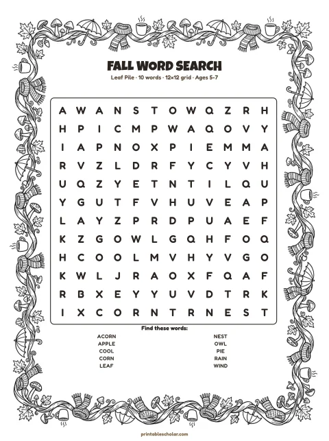 Free printable Fall word search — leaf pile, easy 12×12 puzzle
