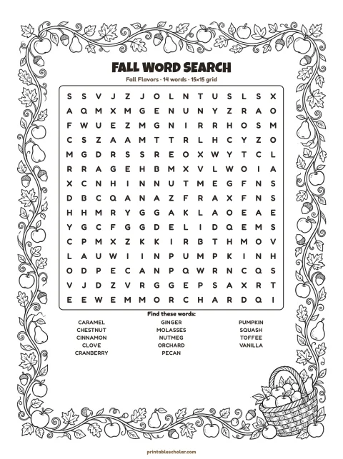 Free printable Fall word search — fall flavors, medium 15×15 puzzle