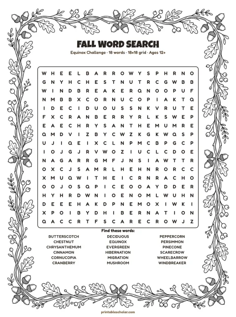Free printable Fall word search — equinox challenge, hard 18×18 puzzle