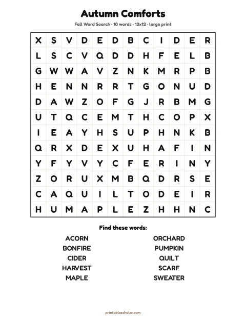 Free printable Fall word search in large print — autumn comforts, easy 12×12 puzzle