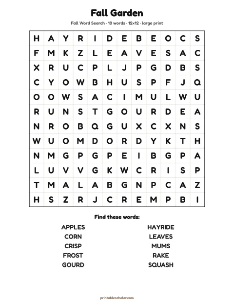 Free printable Fall word search in large print — fall garden, easy 12×12 puzzle