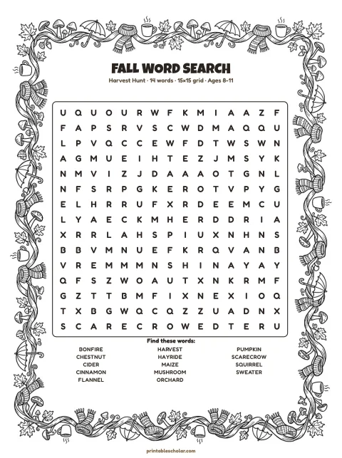 Free printable fall word search