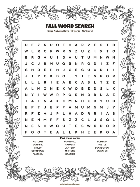 Free printable Fall word search — crisp autumn days, medium 15×15 puzzle