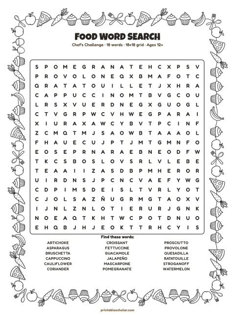 Free printable Food word search — chef's challenge, hard 18×18 puzzle