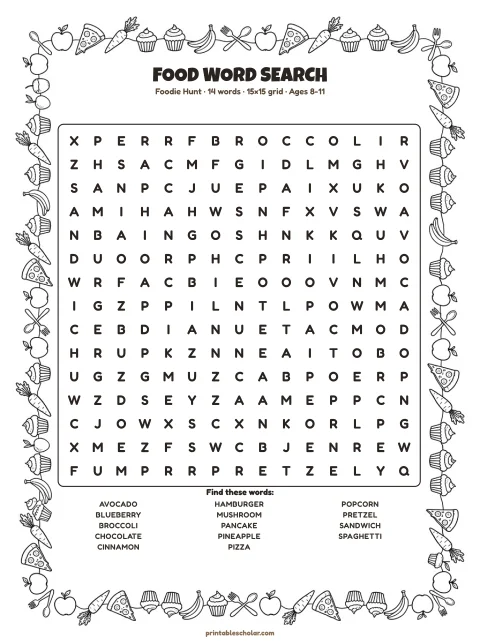 Free printable Food word search — foodie hunt, medium 15×15 puzzle