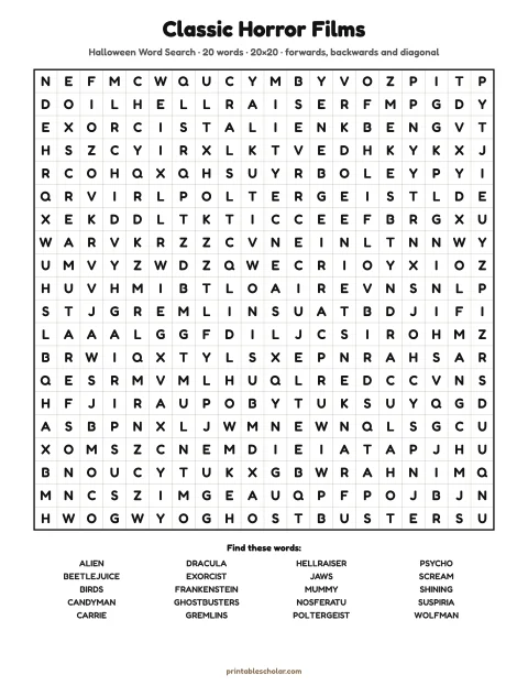 Free printable Halloween word search for adults — classic horror films, hard 20×20 puzzle