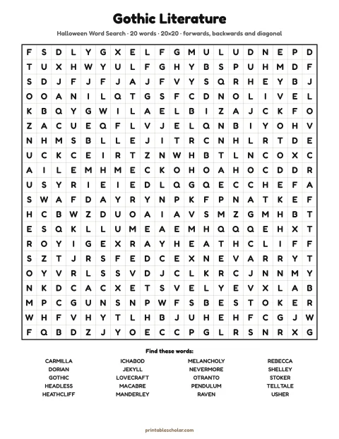 Free printable Halloween word search for adults — gothic literature, hard 20×20 puzzle