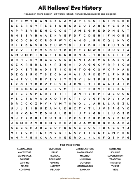 Free printable Halloween word search for adults — all hallows' eve history, expert 25×25 puzzle