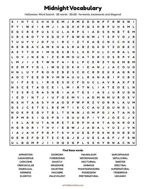 Free printable Halloween word search for adults — midnight vocabulary, expert 25×25 puzzle