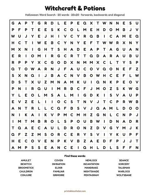 Free printable Halloween word search for adults — witchcraft & potions, hard 20×20 puzzle