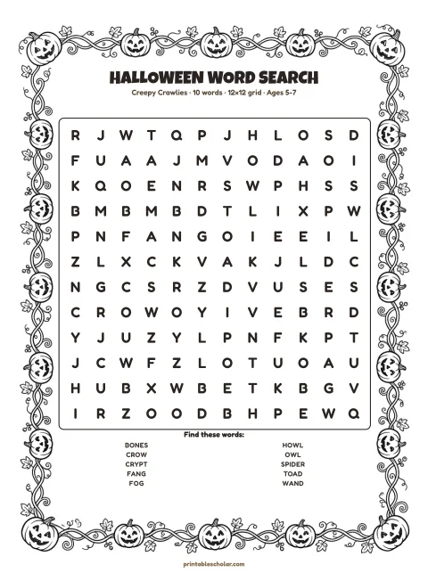 Free printable Halloween word search — creepy crawlies, easy 12×12 puzzle
