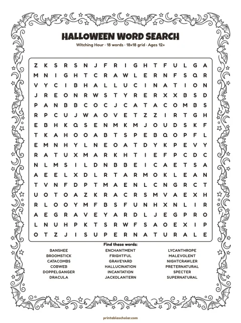 Free printable Halloween word search — witching hour, hard 18×18 puzzle