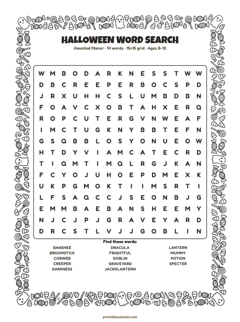 Free printable Halloween word search — haunted manor, medium 15×15 puzzle