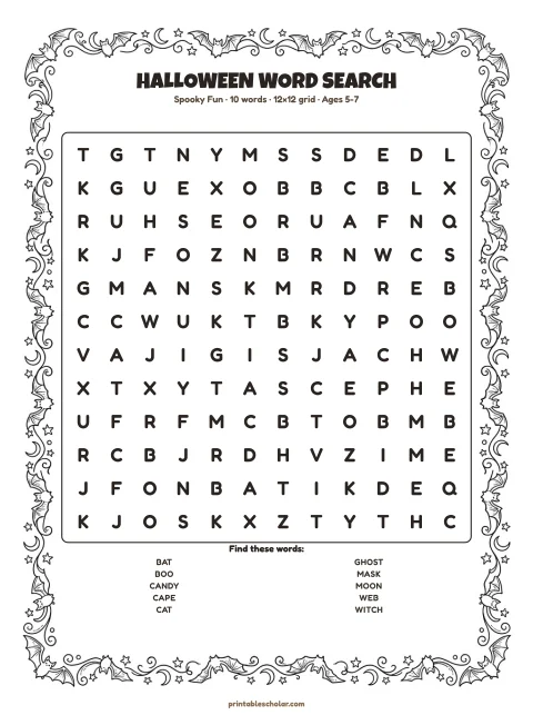Free printable Halloween word search — spooky fun, easy 12×12 puzzle