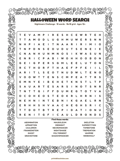 Free printable Halloween word search — nightmare challenge, hard 18×18 puzzle