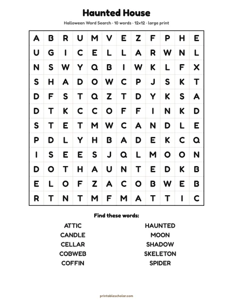 Free printable Halloween word search in large print — haunted house, easy 12×12 puzzle
