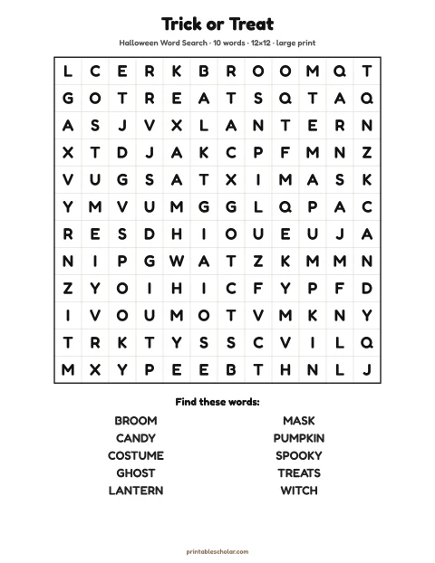 Free printable Halloween word search in large print — trick or treat, easy 12×12 puzzle