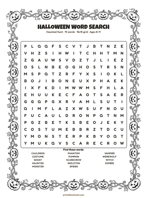 Free printable Halloween word search — haunted hunt, medium 15×15 puzzle