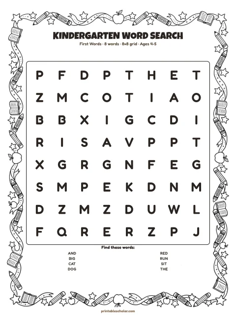 Kindergarten word search preview