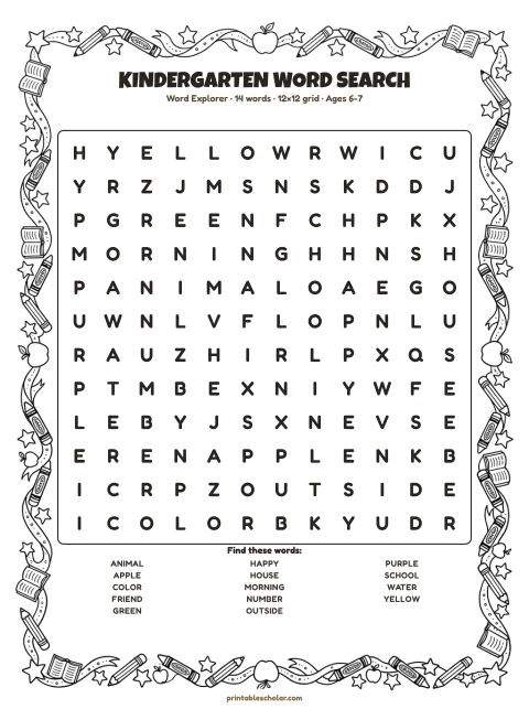 Free printable Kindergarten word search — word explorer, hard 12×12 puzzle