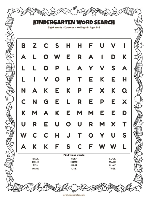 Free printable Kindergarten word search — sight words, medium 10×10 puzzle