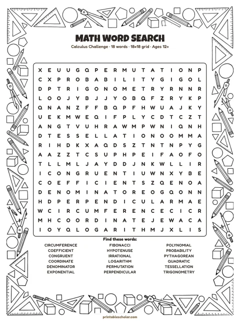 Free printable Math word search — calculus challenge, hard 18×18 puzzle
