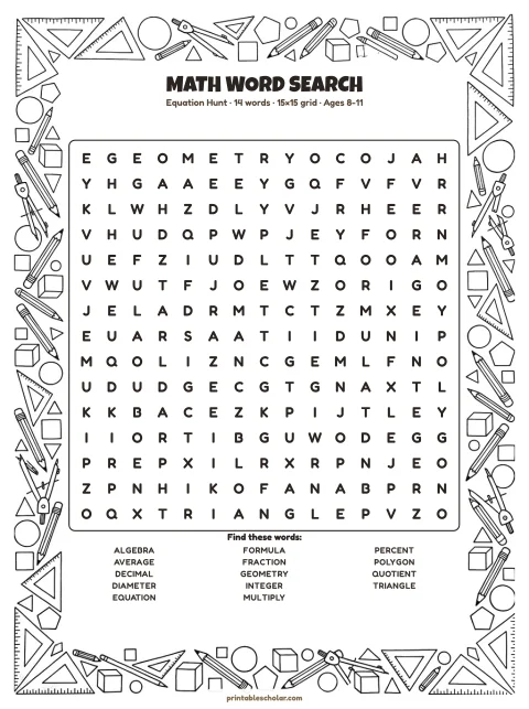 Free printable Math word search — equation hunt, medium 15×15 puzzle