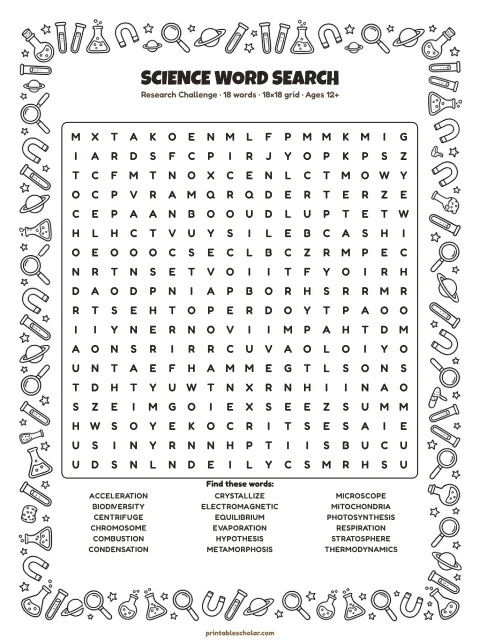 Free printable Science word search — research challenge, hard 18×18 puzzle