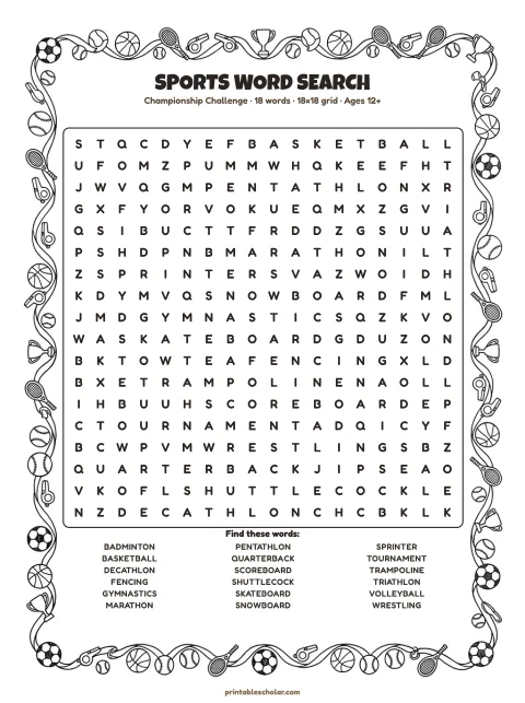 Free printable Sports word search — championship challenge, hard 18×18 puzzle