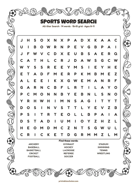 Free printable Sports word search — all-star search, medium 15×15 puzzle