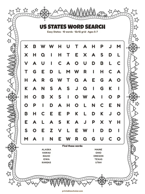 Free printable US States word search — easy states, easy 12×12 puzzle