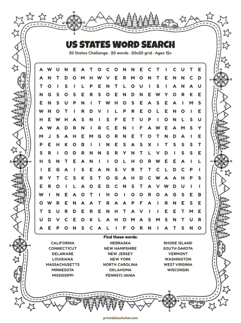 Free printable US States word search — 50 states challenge, hard 20×20 puzzle