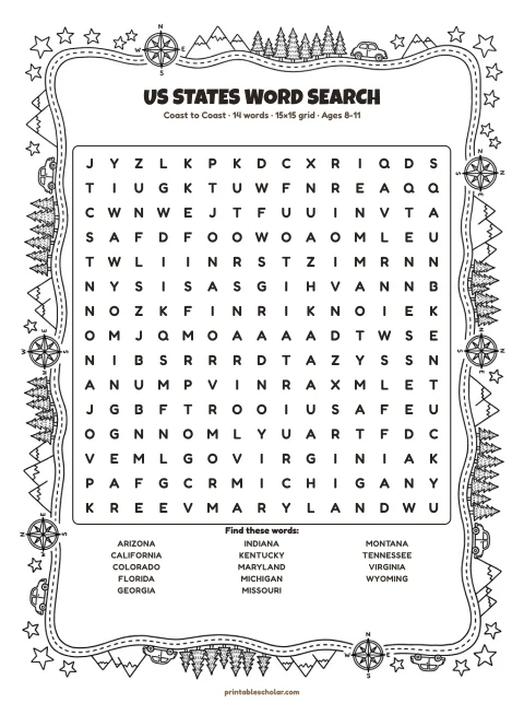 Free printable US States word search — coast to coast, medium 15×15 puzzle